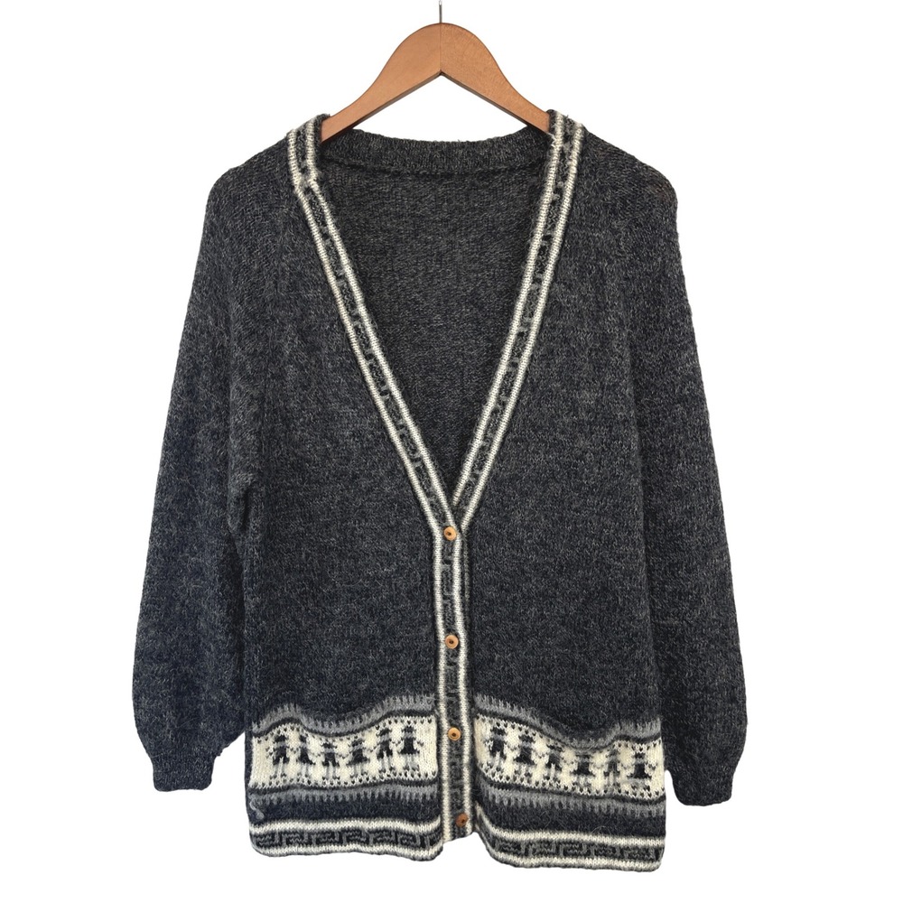 Alpaca Wool Andean Cardigan Sweater L Unisex Pockets Gray Paco Artisian Rustic